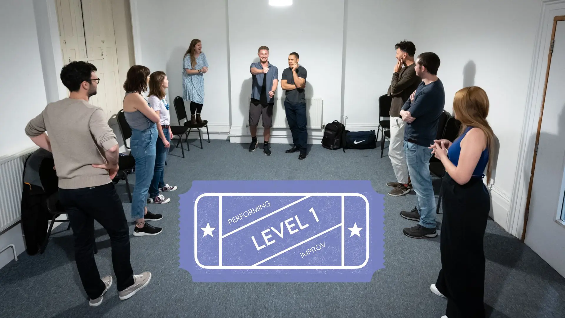 Image of improv students with the theatre logo overlaid