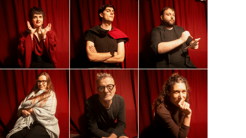 A group of six improv performers from The Other Cantebury Tales pose dramatically in front of a red theatre curtain back drop